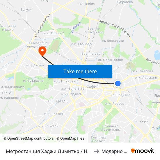 Метростанция Хаджи Димитър / Hadzhi Dimitar Metro Station (0303) to Модерно Предградие map