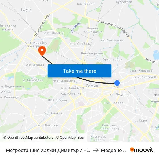 Метростанция Хаджи Димитър / Hadzhi Dimitar Metro Station (0303) to Модерно Предградие map