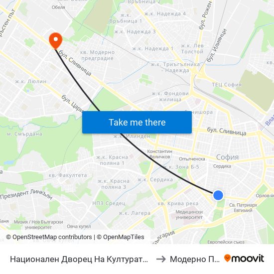 Национален Дворец На Културата / National Palace Of Culture to Модерно Предградие map