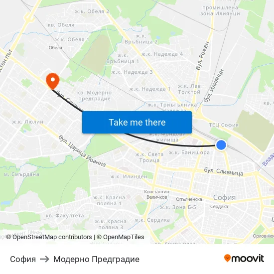 София to Модерно Предградие map