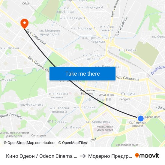 Кино Одеон / Odeon Cinema (0927) to Модерно Предградие map