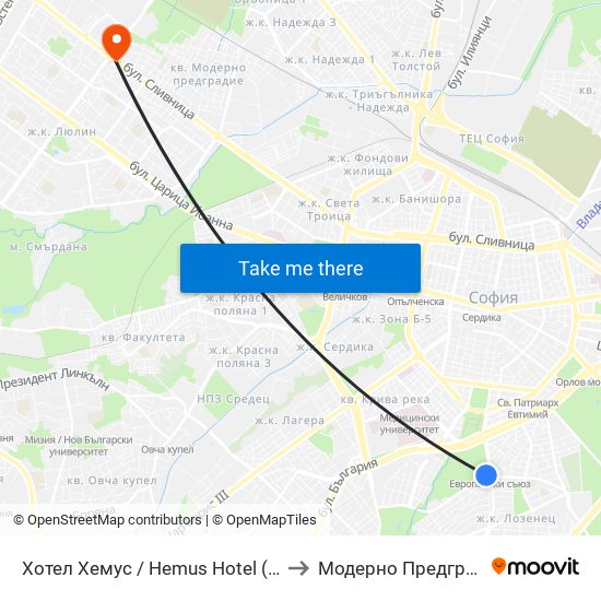 Хотел Хемус / Hemus Hotel (1325) to Модерно Предградие map