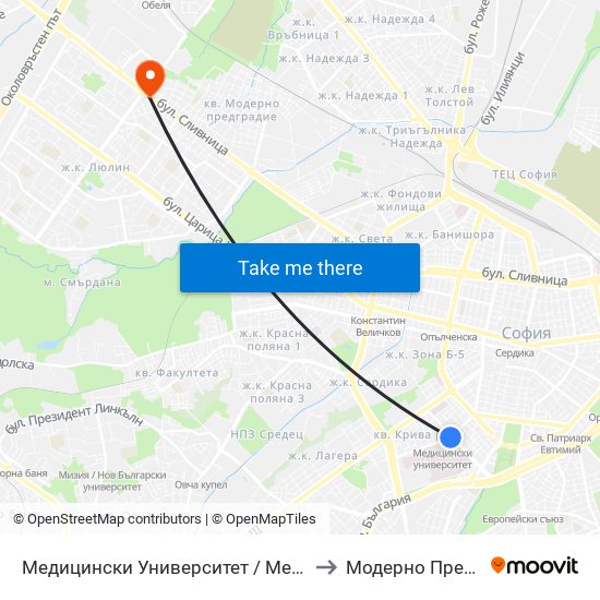 Медицински Университет / Medical University to Модерно Предградие map