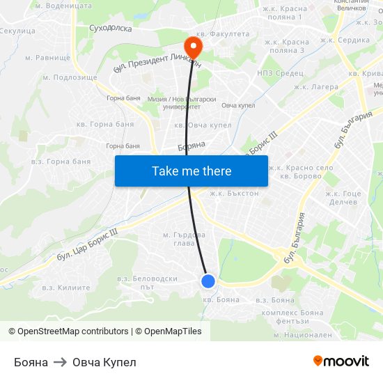 Бояна to Овча Купел map