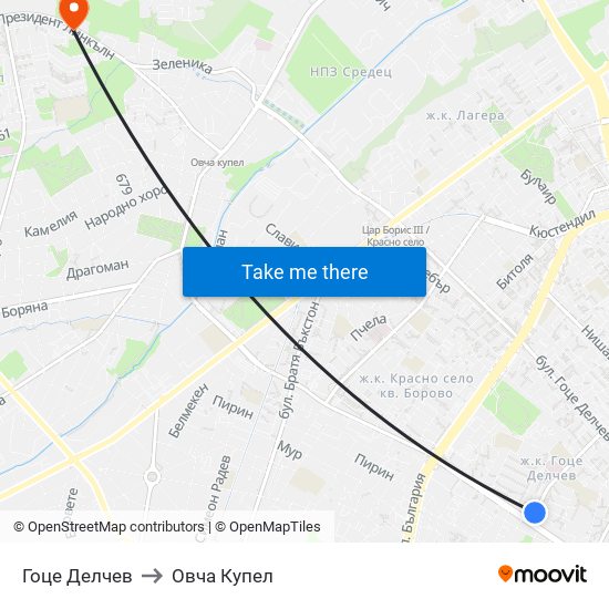 Гоце Делчев to Овча Купел map