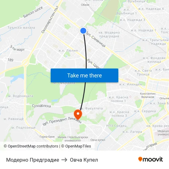 Модерно Предградие to Овча Купел map