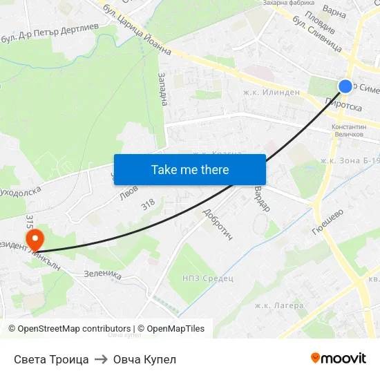Света Троица to Овча Купел map