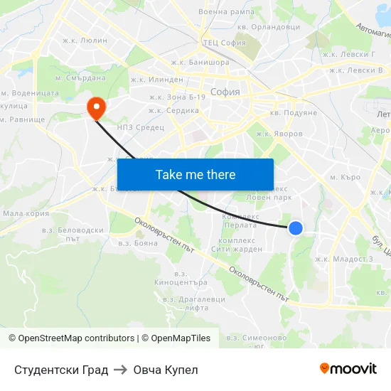 Студентски Град to Овча Купел map