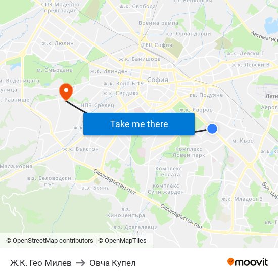 Ж.К. Гео Милев to Овча Купел map