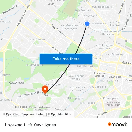 Надежда 1 to Овча Купел map