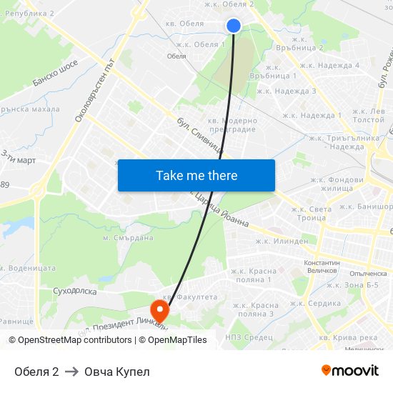 Обеля 2 to Овча Купел map
