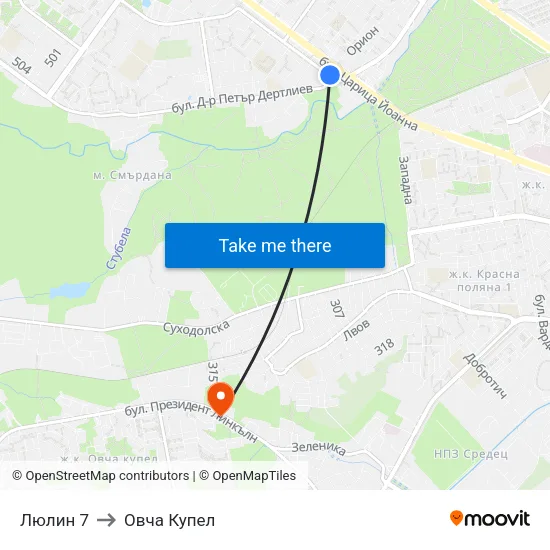 Люлин 7 to Овча Купел map