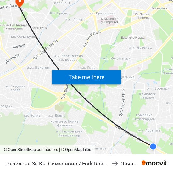 Разклона За Кв. Симеоново / Fork Road To Simeonovo Qr. (1458) to Овча Купел map