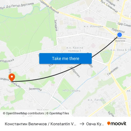 Константин Величков / Konstantin Velichkov to Овча Купел map