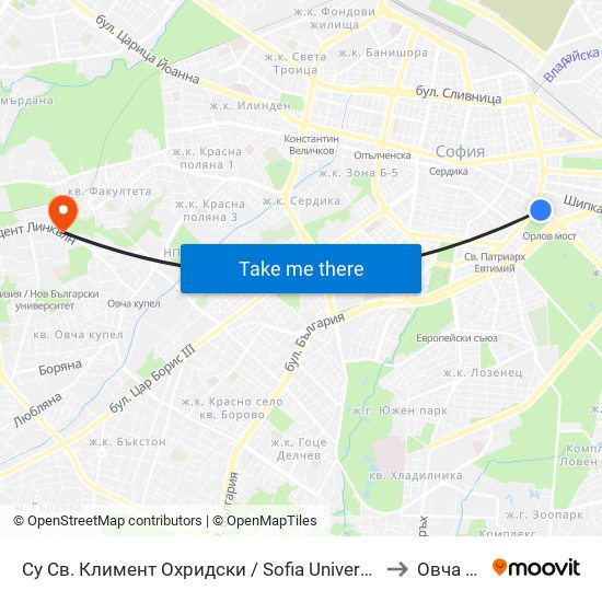 Су Св. Климент Охридски / Sofia University St. Kliment Ohridski to Овча Купел map