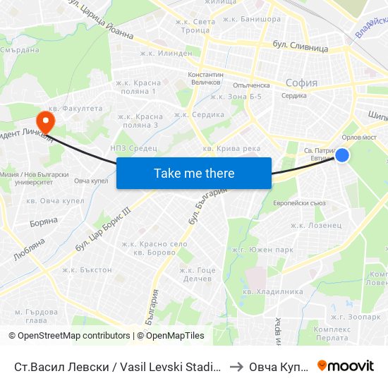 Ст.Васил Левски / Vasil Levski Stadium to Овча Купел map