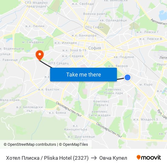 Хотел Плиска / Pliska Hotel (2327) to Овча Купел map