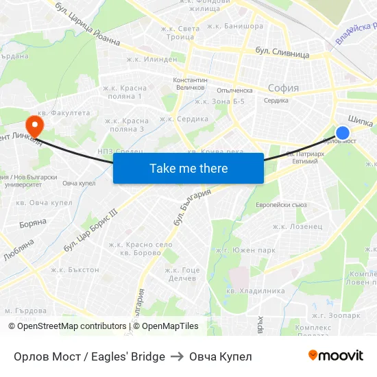 Орлов Мост / Eagles' Bridge to Овча Купел map