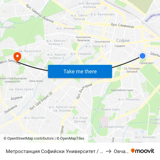 Ⓜ️🎓 Метростанция Софийски Университет / Sofia University Metro Station (2827) to Овча Купел map