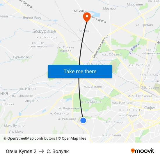 Овча Купел 2 to С. Волуяк map