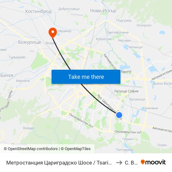 Метростанция Цариградско Шосе / Tsarigradsko Shosse Metro Station (1016) to С. Волуяк map