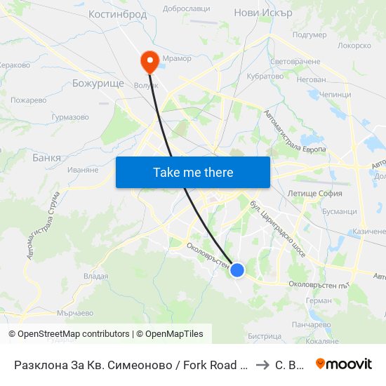 Разклона За Кв. Симеоново / Fork Road To Simeonovo Qr. (1458) to С. Волуяк map