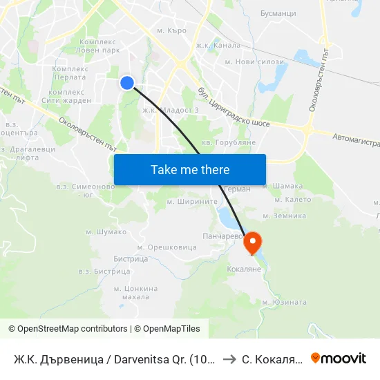 Ж.К. Дървеница / Darvenitsa Qr. (1012) to С. Кокаляне map