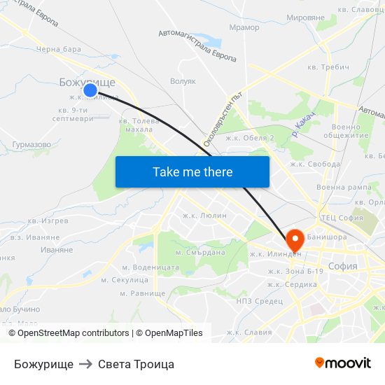 Божурище to Света Троица map