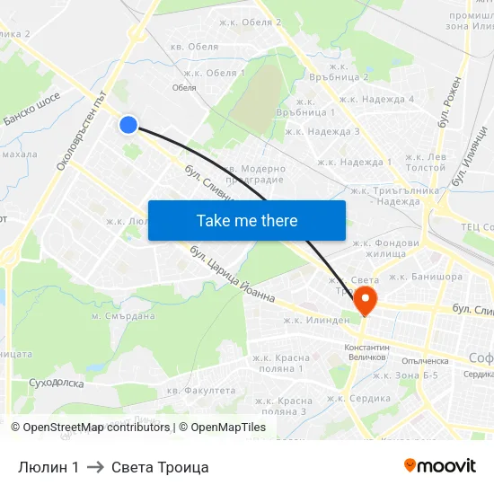 Люлин 1 to Света Троица map