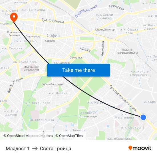 Младост 1 to Света Троица map