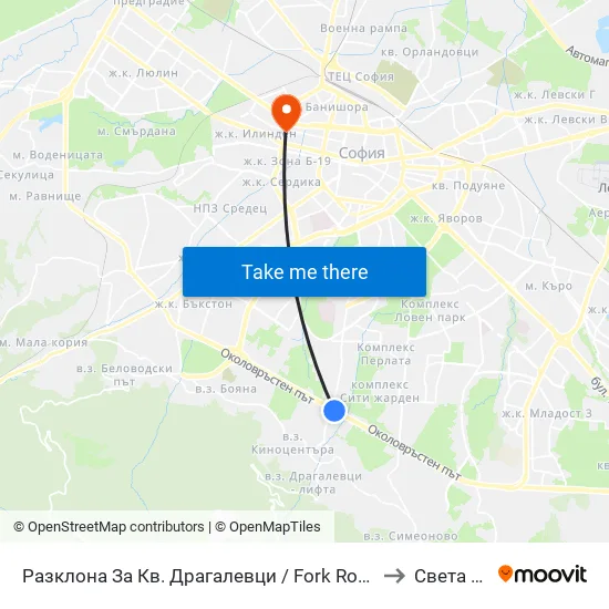 Разклона За Кв. Драгалевци / Fork Road To Dragalevtsi Qr. (1457) to Света Троица map