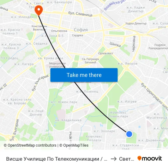 Висше Училище По Телекомуникации / University Of Telecommunications And Post (1396) to Света Троица map