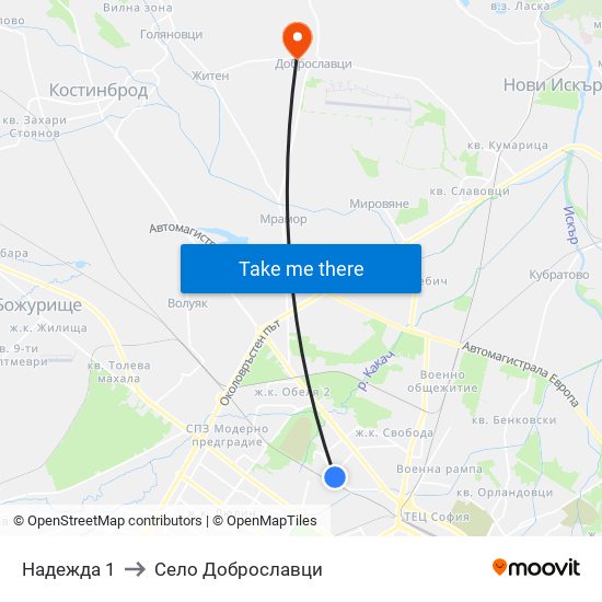 Надежда 1 to Село Доброславци map