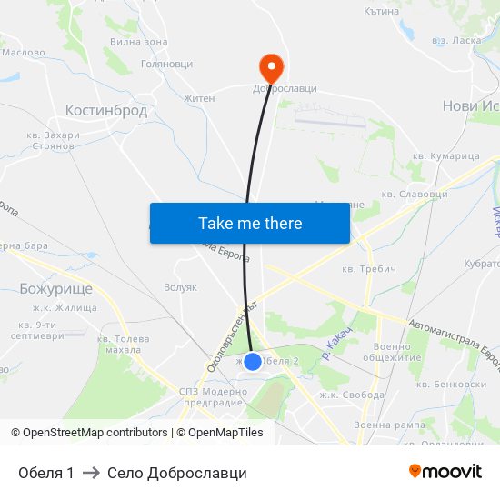 Обеля 1 to Село Доброславци map