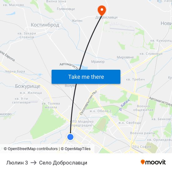 Люлин 3 to Село Доброславци map