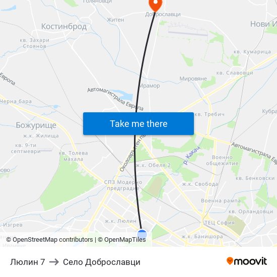Люлин 7 to Село Доброславци map