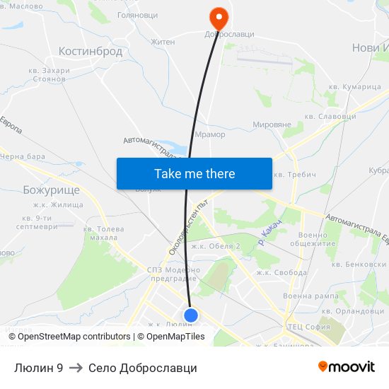 Люлин 9 to Село Доброславци map