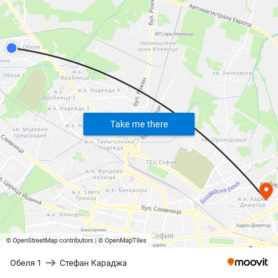 Обеля 1 to Стефан Караджа map