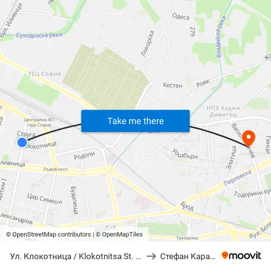 Ул. Клокотница / Klokotnitsa St. (1326) to Стефан Караджа map