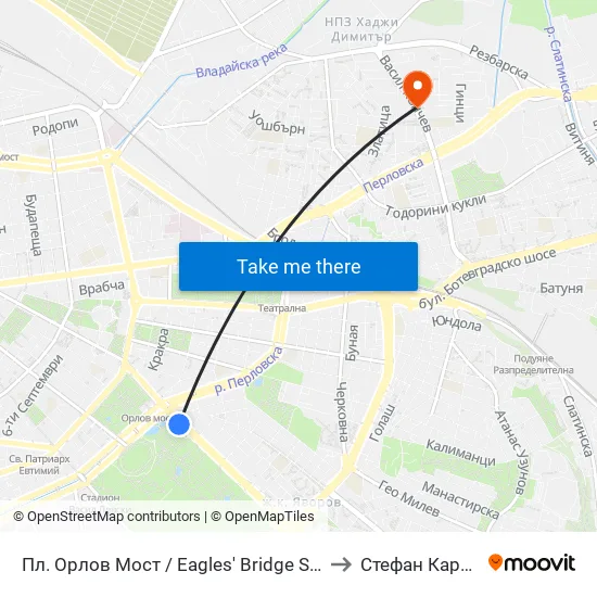 Ⓜ️ Пл. Орлов Мост / Eagles' Bridge Sq. (1287) to Стефан Караджа map