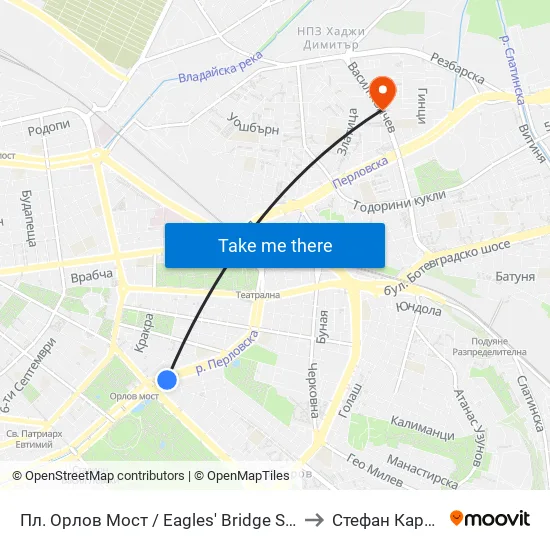Ⓜ️ Пл. Орлов Мост / Eagles' Bridge Sq. (1290) to Стефан Караджа map
