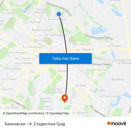 Бенковски to Студентски Град map