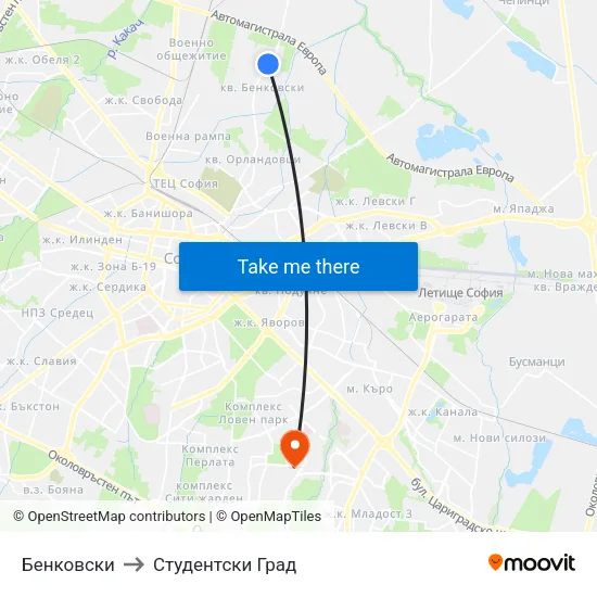 Бенковски to Студентски Град map