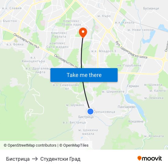 Бистрица to Студентски Град map