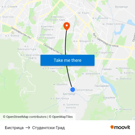 Бистрица to Студентски Град map