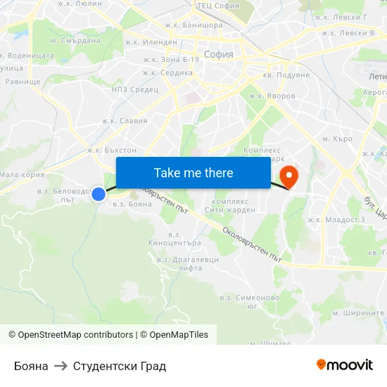 Бояна to Студентски Град map