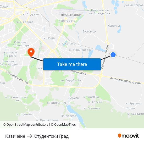 Казичене to Студентски Град map