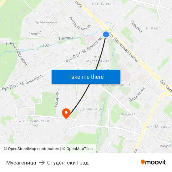 Мусагеница to Студентски Град map