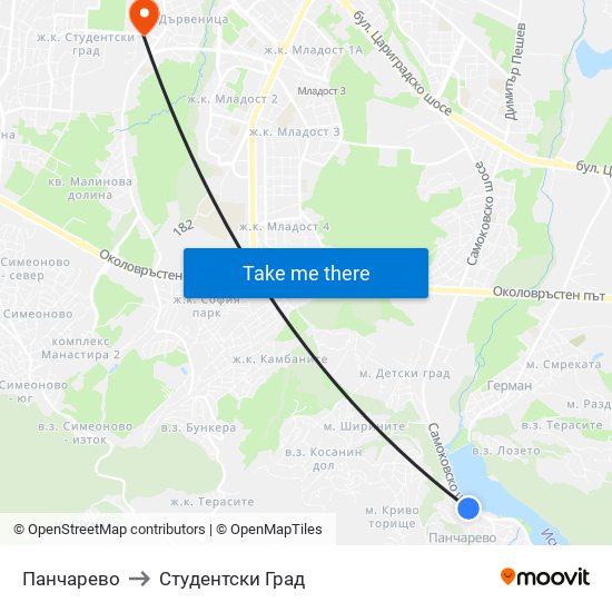 Панчарево to Студентски Град map