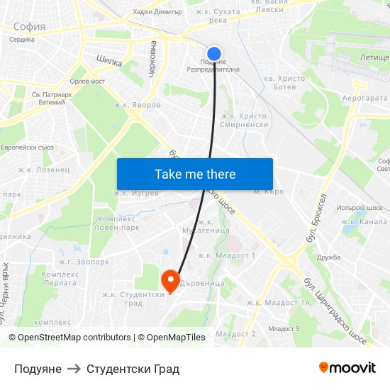 Подуяне to Студентски Град map